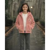 Flower Kız Çocuk Çiçek Nakışlı Pembe Peluş Kapüşonlu Hırka Kışlık