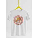 Flower Power Ideology Baskılı Oversıze Retro Vintage Bisiklet Yaka Pamuklu Kadın Tshırt - Beyaz - XL
