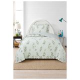 Flowers Tek Kişilik Yatak Örtüsü Seti 180x240cm - Volanlı Yastıklı%100 Polyester Modern Dekoratif Yeşil Beyaz Nevresim Takımı