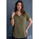 Flubutik Kadın Müslin Yaka Patlı Tam Düğmeli Gömlek Haki