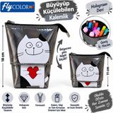 Fly Color Büyüyüp Küçülebilen Hologram Deri Kalemlik 18X11 cm Fermuarlı Desenli Kalem Kutusu - Kalpli Köpek
