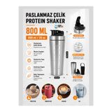 FLYONLOOK 304 Çelik Protein Shaker 800 ml Topaksız Karıştırıcı Toplu Kılıflı Sızdırmaz Kapaklı Fitness Shaker Smoothie Matarası