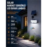 Flyonlook Kumandalı Solar Hareket Sensörlü LED Duvar Lambası 1000 Lümen 7W 254 Smd Dış Mekan Bahçe Aydınlatma 490 cm Kablolu Güneş Enerji 10 Saat