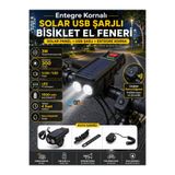 FLYONLOOK Solar USB Şarjlı Kornalı Bisiklet Farı 300 Lümen LED Işık Pil Göstergeli Şarjlı Bisiklet Lambası ve Feneri