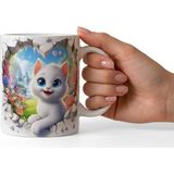 Fm 3D Efektli Sevimli Beyaz Kedi Tasarım Kupa - Çiçekli Bahçe Manzaralı Sihirli Kupa Bardak - Kaliteli Baskı Hediyelik Kupa Bardak - Beyaz - Pembe - Yeşil - Turuncu