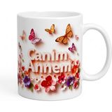 Fm "canım Annem" Yazılı Kelebek ve Çiçek Tasarımlı Kupa - Anneye Özel Anlamlı Hediye - Canım Annem Tasarım Kupa - Kelebek Illüstrasyonlu Hediyelik Porselen Kahve Kupası - Renkli