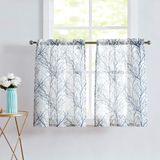 FMFUNCTEX Mavi Beyaz Mutfak Perdeleri Pencere Ağaç Dalı Desenli Yarı Şeffaf Keten Banyo için Katmanlar Küçük Kafe Perdeleri 50,7 cm Uzunluk Gri Çiftlik Evi Rustik Perde Çubuk Cepli 2 Panel Set