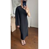 FMN Butik kendinden birleşik kolyeli uzun tek yarasa kol omzu açık premium seri muadil midi şık elbise abiye