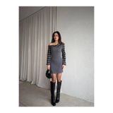 FMN Butik tok kumaş tasarım ekose kayık yaka gömlek detay straplez geçiş uzun kollu pinterest mini elbise
