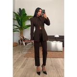 FMN Butik uzun dik fular yaka klips kapama tasarım muadil tok kumaş blazer ceket bluz havuç boru paça yüksek bal kumaş pantolon ikili şık takım elbise