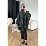 FMN Collection kuşaklı bele oturan ithal kaşe kumaş tasarım trend düğmeli dik yaka pinterest astarsız panço kaban