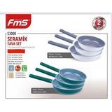 Fms 3’lü Seramik Tava Seti Yeşil | 20-24-28 cm | 4 mm Kalınlık | Yapışmaz Yüzey | İndüksiyon Uyumlu - Krem