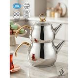 Fms | Orta Boy Küre Gold 18/10 Çelik Çaydanlık | Indüksiyon Taban | 1,25 L+ 2,30 L |