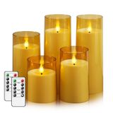 Fo32won Amber LED Alevsiz Sütun Mumlar Pille Çalışır, Uzaktan ve Zamanlayıcılı, 5'li Set (D 3 x Y 4 inç 5 inç 6 inç 8 inç) Pleksiglas LED Titreşimli Mumlar 3D Alevli