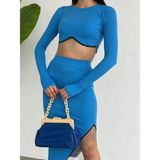Foa Fashion Mavi Parmak Geçirmeli Crop Zincirli Bürümcük Kumaş Etek Ikili Takım