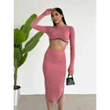 Foa Fashion Pembe Parmak Geçirmeli Crop Zincirli Bürümcük Kumaş Etek Ikili Takım - XL