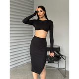 Foa Fashion Siyah Parmak Geçirmeli Crop Zincirli Bürümcük Kumaş Etek Ikili Takım