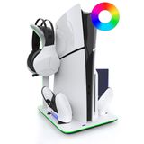 Foamy Lizard PS5 Slim Dikey Stand | Soğutma İstasyonu, RGB Aydınlatma, Manyetik Hızlı Şarj, Kulaklık Kancası, USB Güç Kablosu, Dijital/Disk Sürümü Denetleyici PlayStation 5 için Aşırı Şarj Koruması