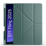 Fogy Samsung Galaxy Tab S11 2025 11 inç Tablet SM-X730/X736 içinile Uyumlu Üçgen Kalem Bölümlü Standlı Uyku Modlu Akıllı Kılıf (Koyu yeşil)