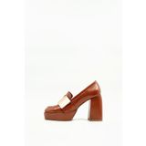 Folle Taba Rugan Deri Platform Topuklu Loafer – Altın Tokalı 10cm