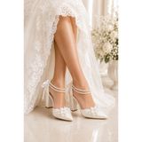 FOLLOWIN Pearl Shine Kadın İncili Sivri Burun Kalın Topuklu Nikah Düğün Gelin Ayakkabısı 9 cm