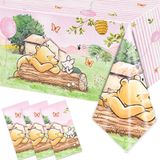 FOLNESH 3 Parça Pembe Klasik Ayı Bebek Duş Masa Örtüsü, Çocuk Kız İlk Doğum Günü Partisi Süslemeleri Winnie Bear The Pooh Temalı Tek Kullanımlık Plastik Masa Örtüsü Parti Malzemeleri -140 x 450 cm