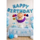 Folyo Balon Happy Birthday Mavi Bebekli Kalpli 320X40 Cm Doğum Günü Parti Süsü Duvar Dekoru Seti