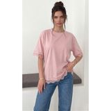 FOORS Kadın Dantel Detaylı Bisiklet Yaka Oversize T-Shirt