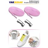 Foottab Takbırak Mıknatıslı Lastikli Ayakkabı Bağcığı, Akıllı Bağcık, Bot, Çocuk Spor Bağcık, Pembe