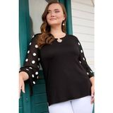 For Big Trend For Esra Big Trend Kadın Kabartma Puantiye Desen Yaka Oyuk Inci Aksesuar Geniş Truvakar Tül Kol Esnek Viskon Bluz - 2XL - Siyah