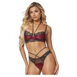 For Dreams Bordo-Siyah Dantel ve Saten Bralette Tanga Takımı, Halter Yaka, Strappy Detay 8623 (L)
