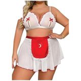 For Dreams Büyük Beden Fantezi Hizmetçi Kostümü, Beyaz ve Kırmızı, Dantel Detaylı, Şeffaf Kumaş, Mini Etek (2XL)