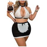 For Dreams Büyük Beden Hizmetçi Kostümü, Dantel İşlemeli, Siyah ve Beyaz, Transparan Etek (4XL)