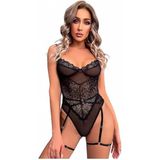 For Dreams Dantel Jartiyer Detaylı Kadın Tül Bodysuit, Siyah, Seksi İç Çamaşırı, Thong Tasarım 8463 (S)