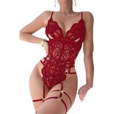 For Dreams Dantel Kadın İç Çamaşırı Seti, Jartiyer Detaylı, Seksi Bodysuit, Siyah ve Kırmızı 8405 (KIRMIZI, XL)