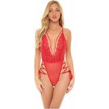 For Dreams Dantel Tül Bodysuit, Derin V Yaka, Bağcıklı Yan Detay, Seksi İç Çamaşırı, Siyah ve Kırmızı 8600 (KIRMIZI, L)