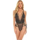 For Dreams Dantel Tül Bodysuit, Derin V Yaka, Bağcıklı Yan Detay, Seksi İç Çamaşırı, Siyah ve Kırmızı 8600 (SİYAH, M)