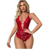 For Dreams Dantel Tulum İç Çamaşırı, Derin V Yaka, Halter, Kalp Detaylı, Şeffaf, Seksi Kadın Lingerie 8459 (KIRMIZI, M)