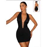 For Dreams Derin Dekolteli Şeritli Mini Party Elbisesi 8649 | Halter Yaka, Sırt Dekolteli, Bodycon Kesim, Gece Elbisesi, Mini Boy