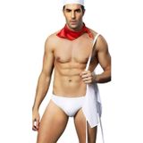 For Dreams Erkek Fantezi Aşçı Kostümü - Beyaz Mutfak Önlüğü ve Şapka Seti - Kırmızı Fular Aksesuarlı Seksi Şef Temalı 4 Parça Kostüm Takımı 9002 (XL)