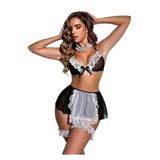 For Dreams Kadın Fransız Hizmetçi Kostümü, Siyah ve Beyaz, Dantel Detaylı, Şeffaf Tül, Sütyen ve Etek Set 8617 (S)