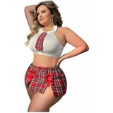 For Dreams Kadın Okul Kızı Temalı Geniş Beden Fantazi Kostüm Seti - Kırmızı Ekose Mini Etek ve Beyaz Halter Yaka Üst - Fiyonk Detaylı Seksi Roleplay Üniforma Takımı 8488 (XL)