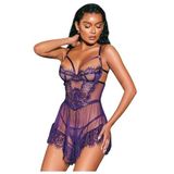 For Dreams Mor Dantel Detaylı Transparan Babydoll, Şeffaf Kumaş, Askılı, Seksi İç Çamaşırı (L)