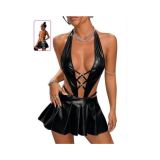 For Dreams Siyah Deri Görünümlü Fantazi Etekli Büstiyer Takım 8650 | Halter Yaka, Açık Sırt Tasarım, Pileli Mini Etek, Çapraz Bağcık Detay, Kalp Toka Aksesuar