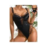 For Dreams Siyah Fırfırlı Dantelli Büstiyer Fantazi Bodysuit 8417 | Dantel Detaylı, Fırfırlı Askılar, Bağcıklı Ön Detay, Sırt Dekolteli, Tanga Kesim