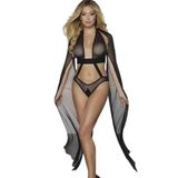For Dreams Siyah Transparan File Kumaş İç Giyim Üstü ve Külot Takımı, Uzun Pelerin Detaylı, Seksi İç Çamaşırı Seti 8641 (S)