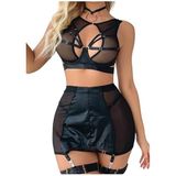 For Dreams Siyah Tül Detaylı Harness Bralette ve Jartiyer Kemerli Mini Etek Fantezi Kostüm Seti (M)