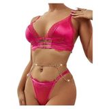 For Dreams Zincir Aksesuarlı Dantel İşlemeli Saten Fantezi Takım, Üçgen Bra ve Tanga (Pembe, S)