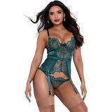 For Dreams Zümrüt Yeşili Saten Dantelli Korse Body Jartiyer Takımı 8350 | Jartiyer Askılı, Saten ve Dantel, Fantezi İç Giyim, Seksi Tasarım, Model 8350