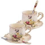 Foraineam 2'li Çay Fincanı ve Tabağı Seti, 226 ml Çiçekli Çalılar Fildişi Seramik Kahve Fincanı Süslü Çiçekli Porselen Çay Fincanı Seti Fincan Tabağı ve Kaşıklı